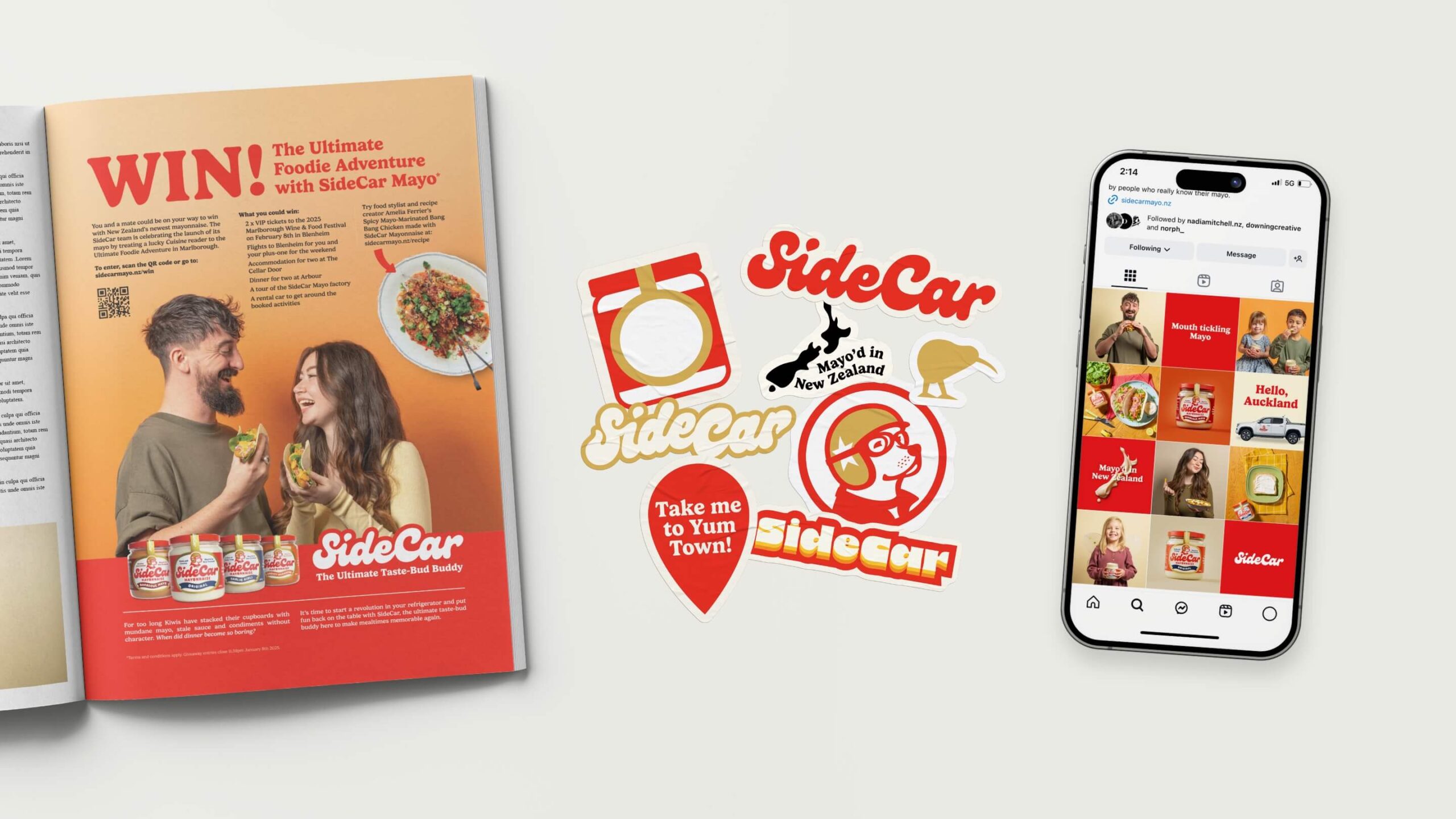 Cuisine Magazine ad with stickers and phones showing an instagram homescreen