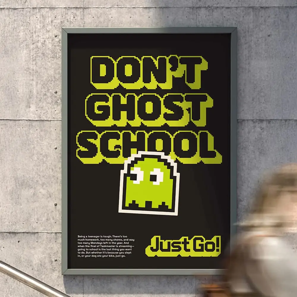 ‘don’t ghost school’ poster with retro pixel art design and green ghost character, part of youth engagement campaign by downing creative marketing.