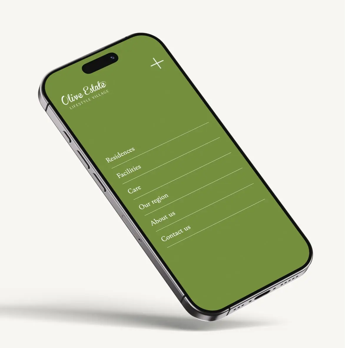 Mobile design for olive estate lifestyle village website showing navigation menu with residences, facilities, care, and contact sections.