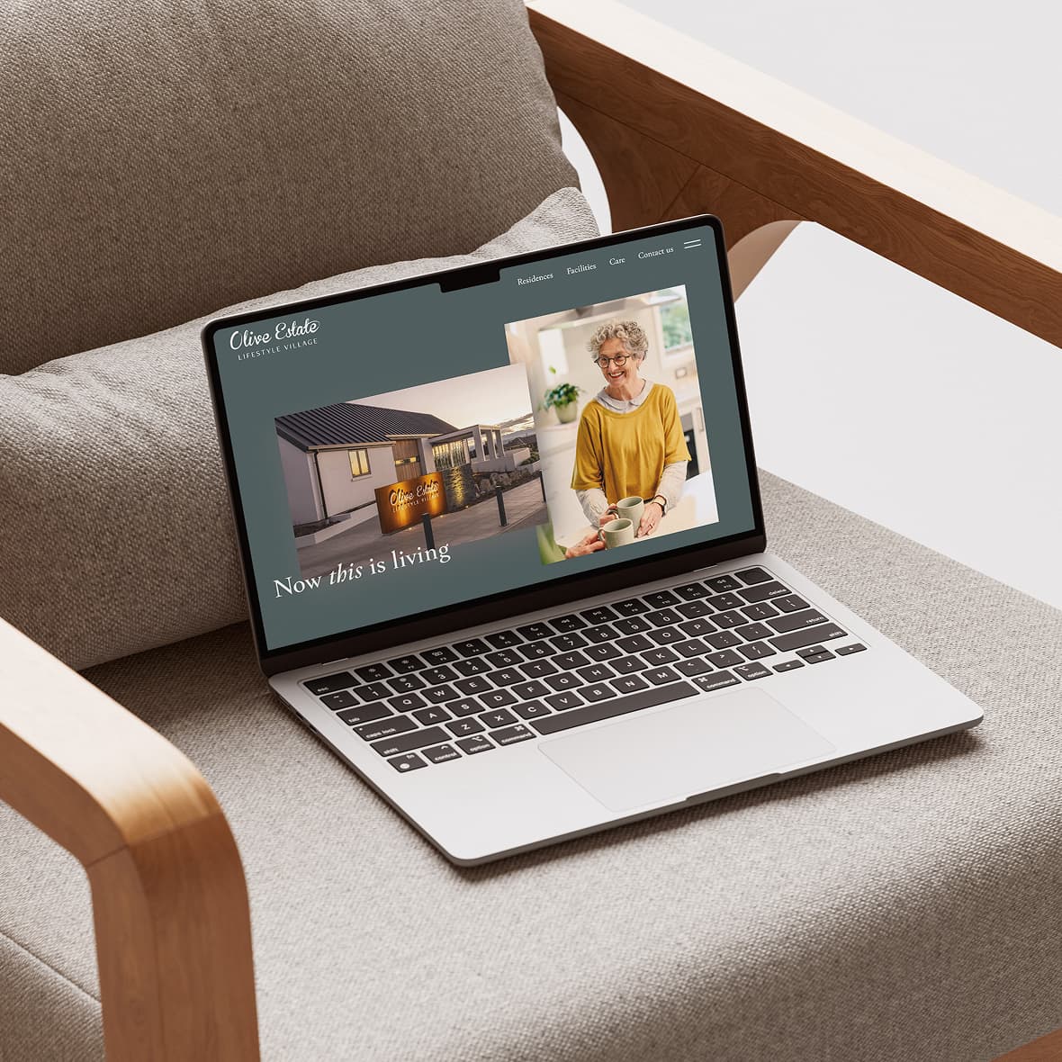 Olive estate lifestyle village website mockup displayed on a laptop showing brand visuals and tagline ‘now this is living. ’