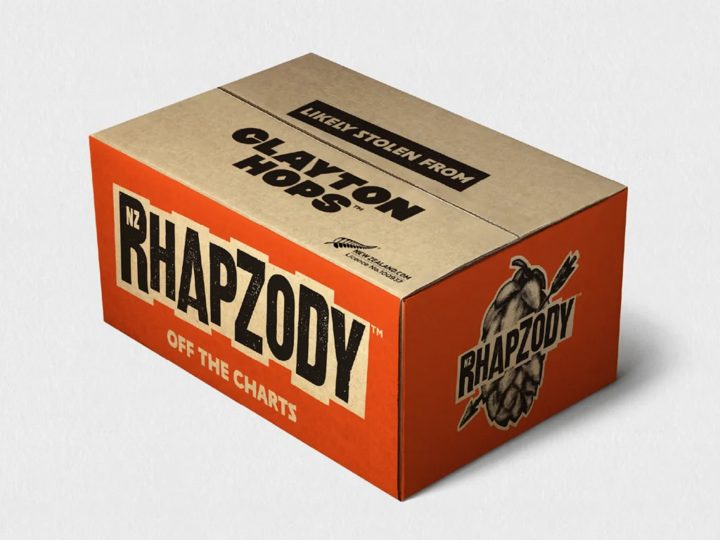 Custom cardboard packaging box for Clayton Hops' NZ Rhapzody hop variety.