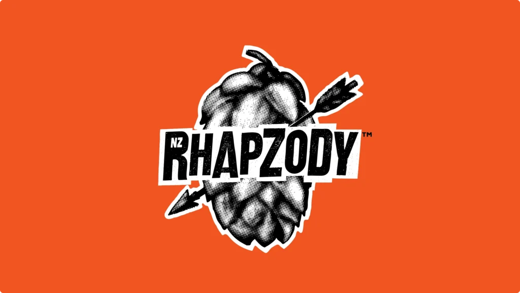 Black and white NZ Rhapzody logo featuring an illustrated arrow piercing a hop on a solid orange background.
