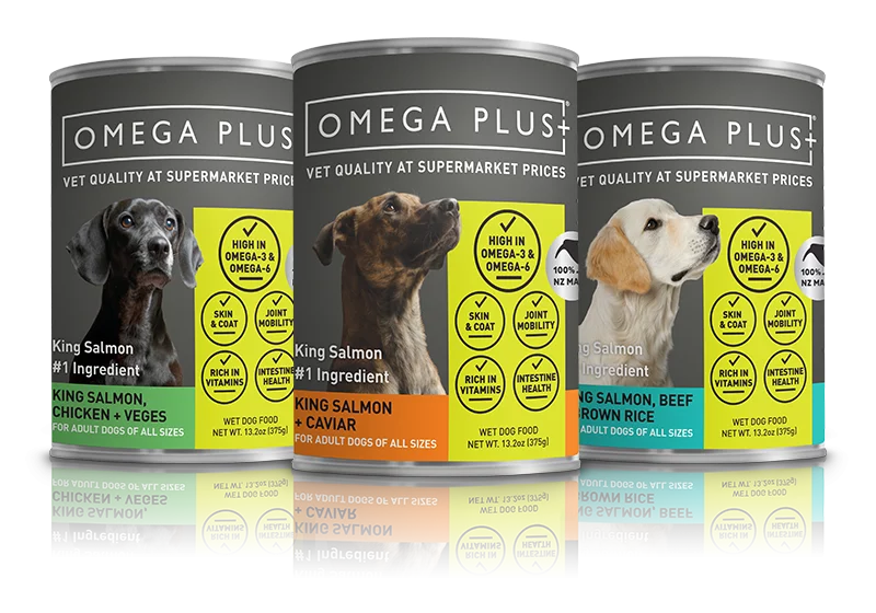 Line up of three Omega Plus cans of dog food