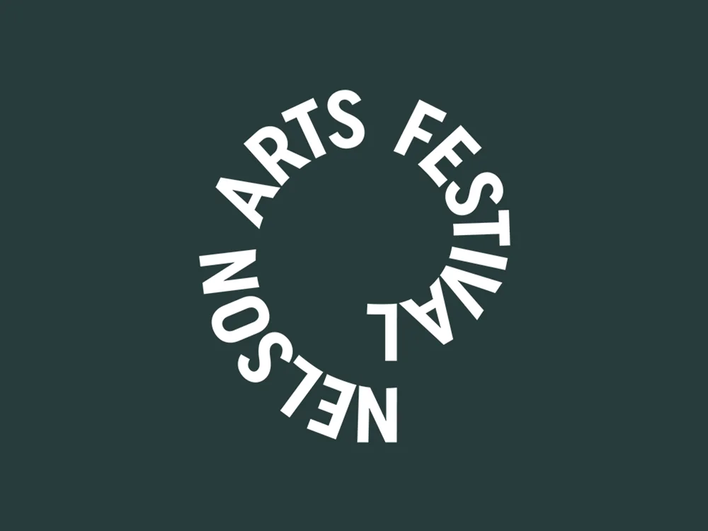 Nelson Arts Festival white logo on a dark green background.