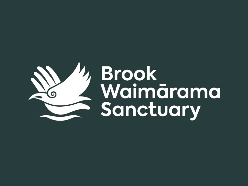 Brook Waimarama Sactuary white logo on a dark green background.