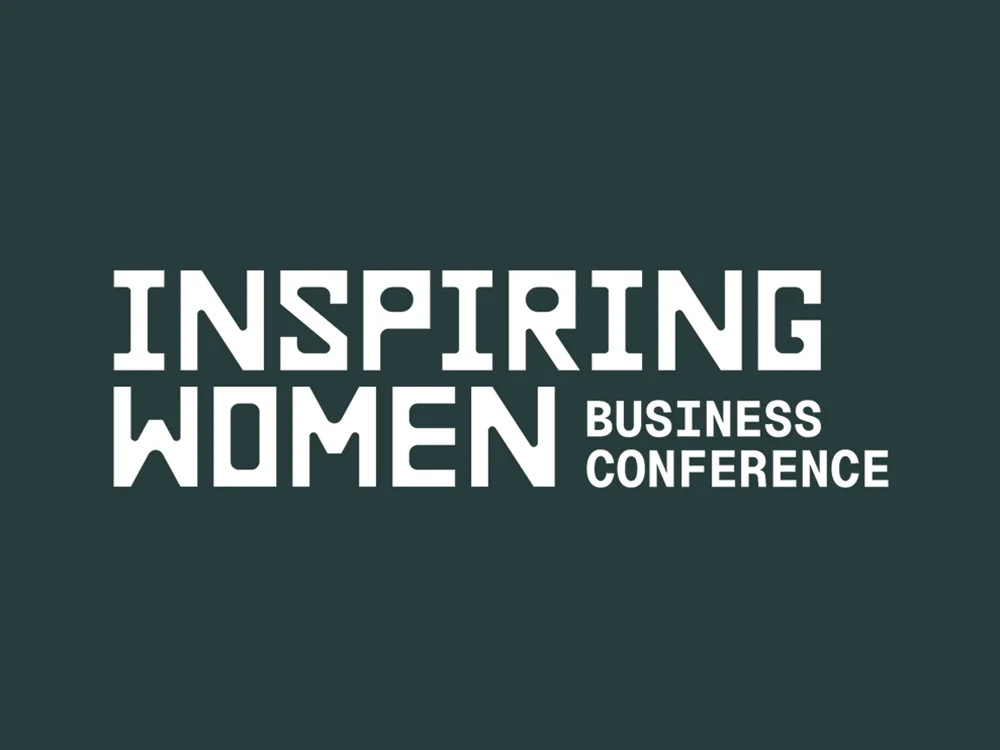 Inspiring Women Business Conference white logo on a dark green background.