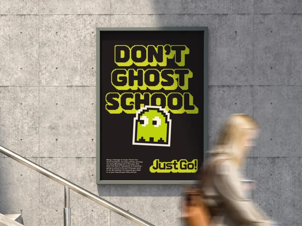 Encouraging attendance, playful ghost theme poster.