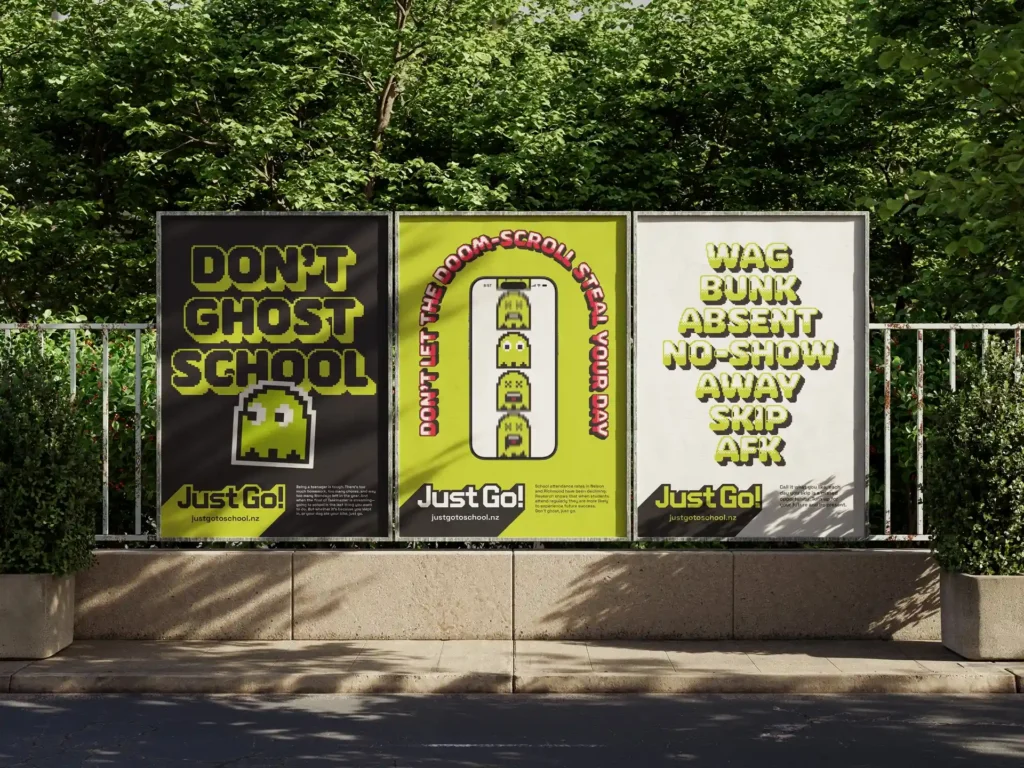 Three colorful posters promoting attendance.