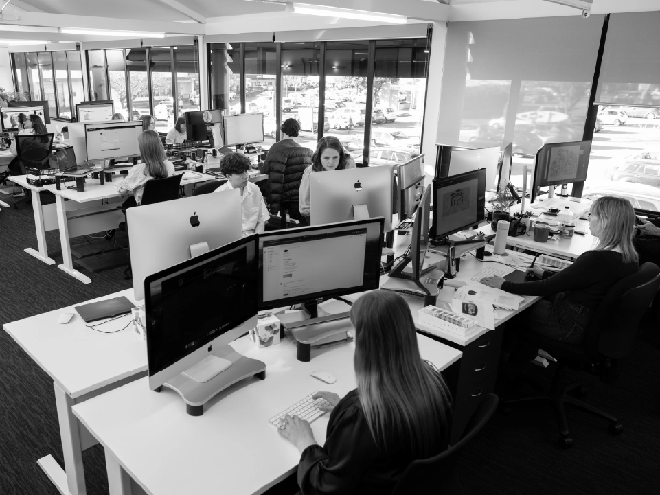high angle view of the Downing office with people working