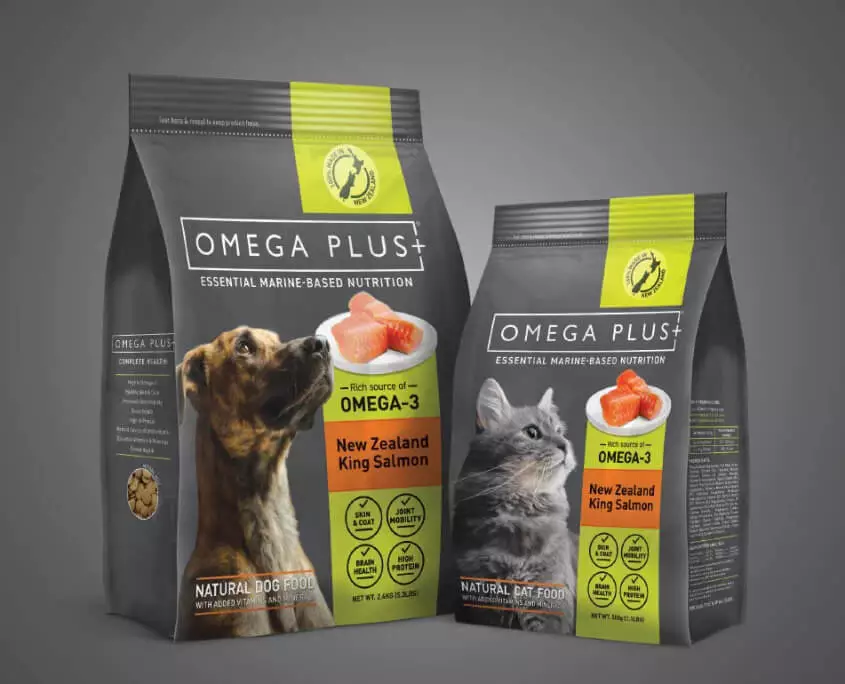 Omega Plus FMCG supermarket pet food packaging design by Downing NZ