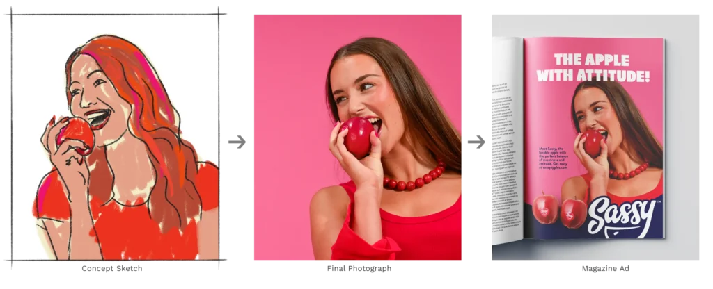 Woman with apple, vibrant colors.