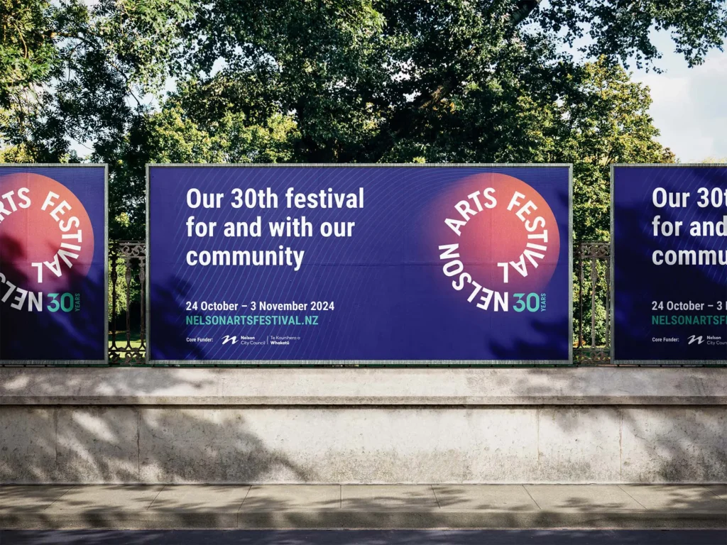 Nelson Arts Festival 2024 brand identity on a street banner
