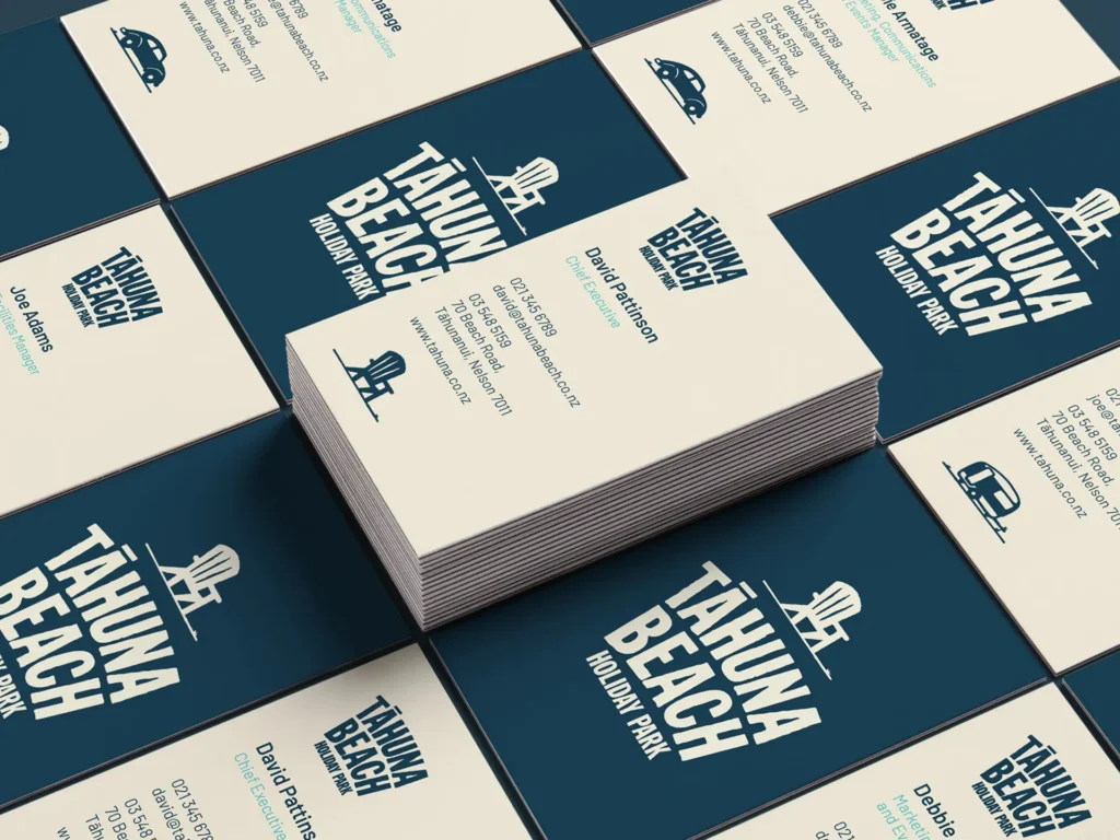 Tāhuna Beach Holiday Park business cards designed by Downing