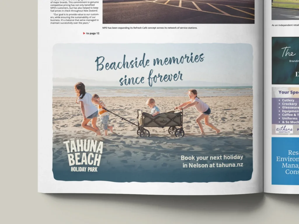 Tāhuna Beach Holiday Park brand awareness campaign magazine ad