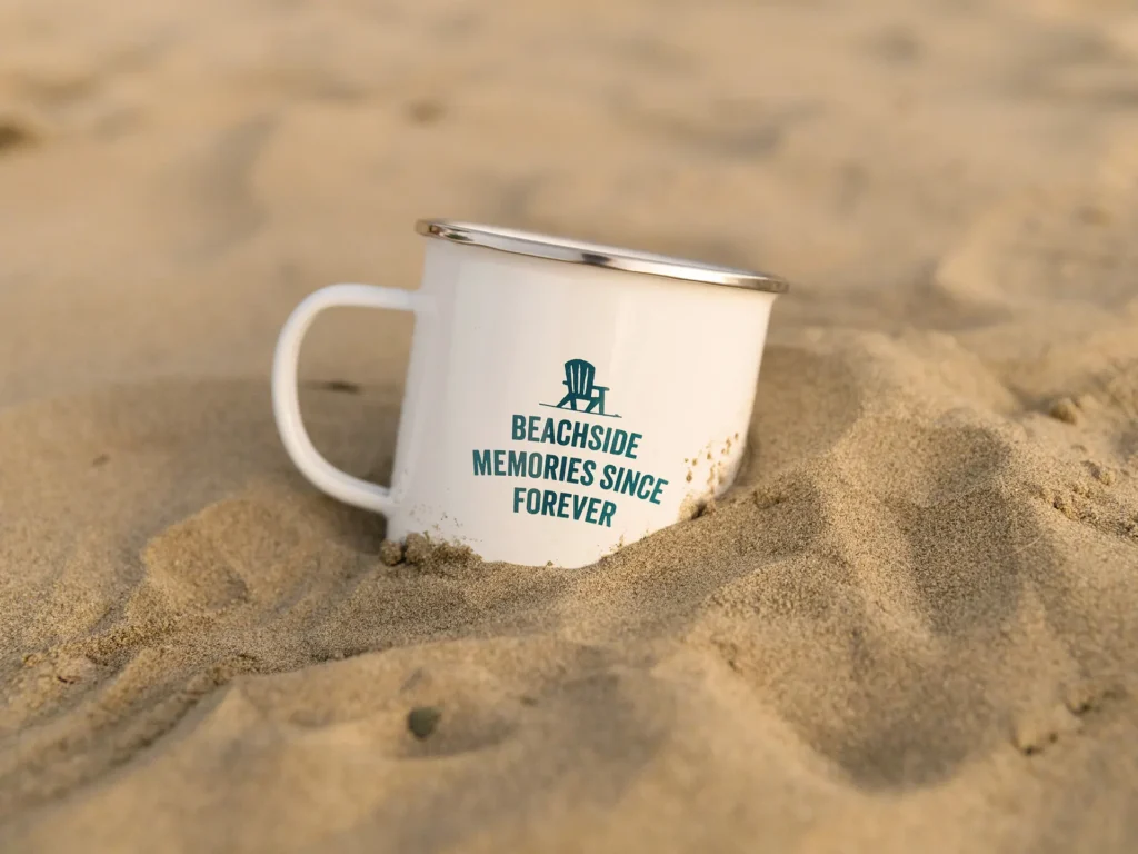 Tāhuna Beach Holiday Park branded enamel mug