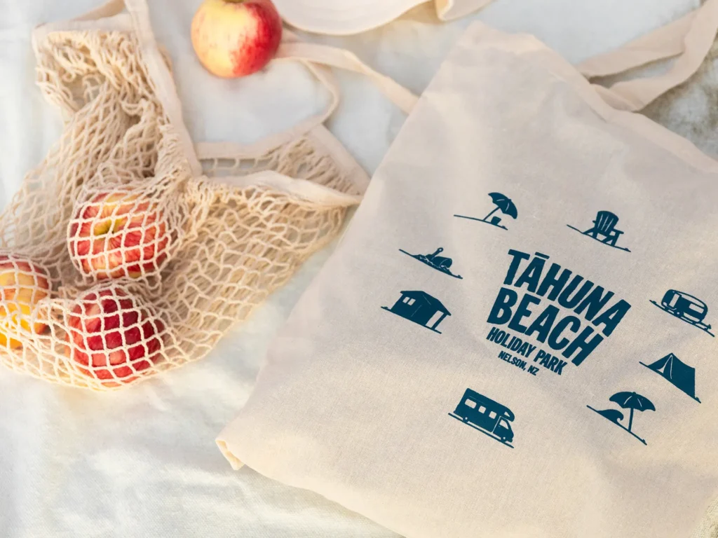 Tāhuna Beach Holiday Park branded tote bag